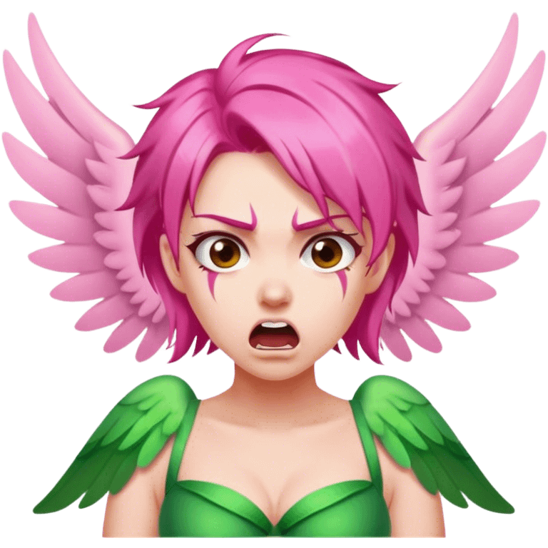 pink hair, pink wing fairy in green dress: anger emoji