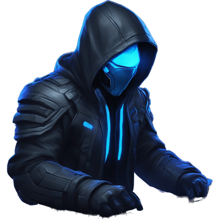 developer behind his laptop with this style : crysis Cyberpunk Riot Games Valorant neon glowing bright blue character blue black hooded assassin themed character emoji