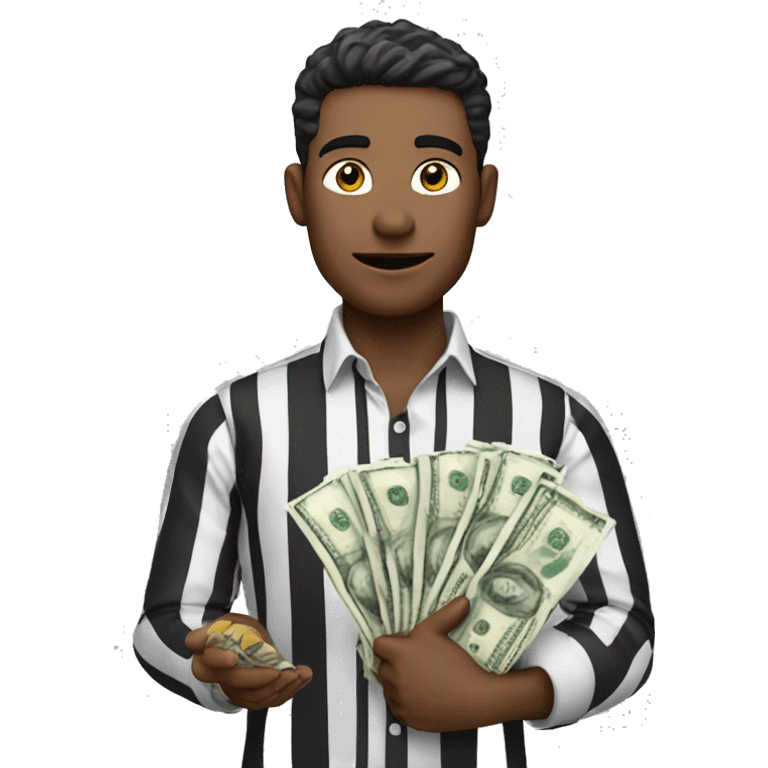 Man wearing white and black striped shirt holding money bag ￼ emoji