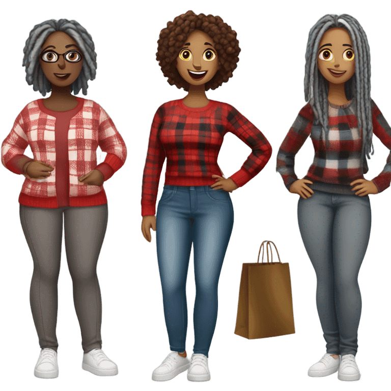 One Curvy woman gray locs in pants shopping.  The other curvy woman is brown with red locs in a skirt with plaid sweater shopping emoji