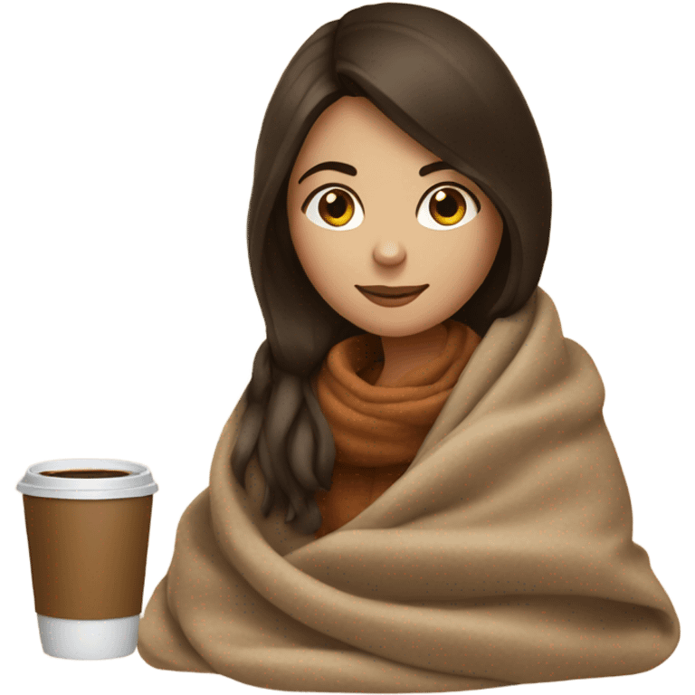 Brunette girl autumn with blanket and coffee emoji