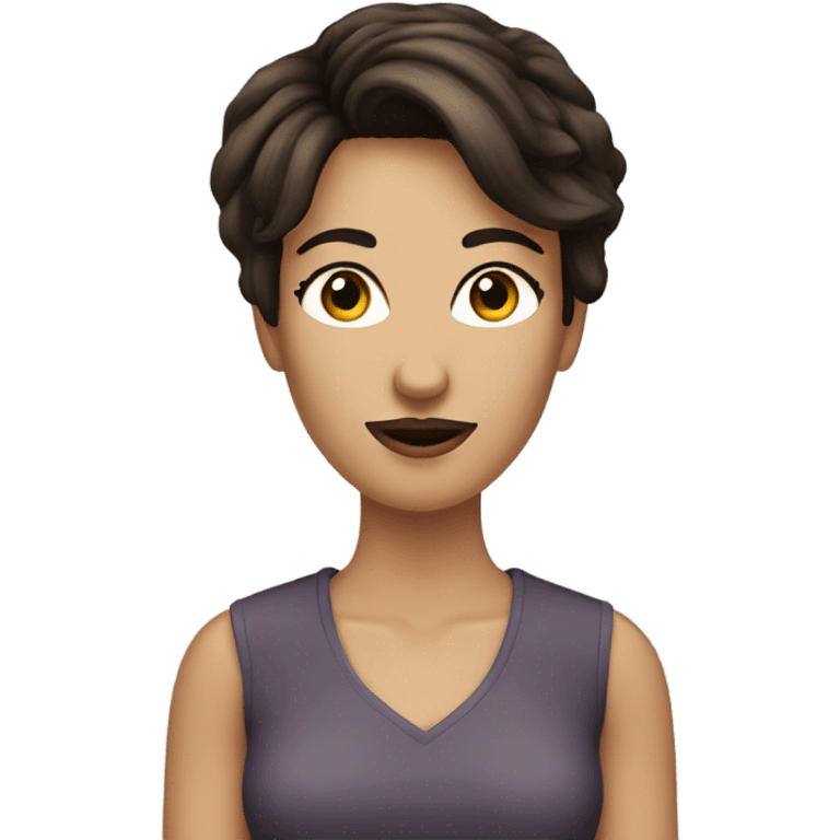 Brunette woman with bushy moustache. Pixie cut emoji