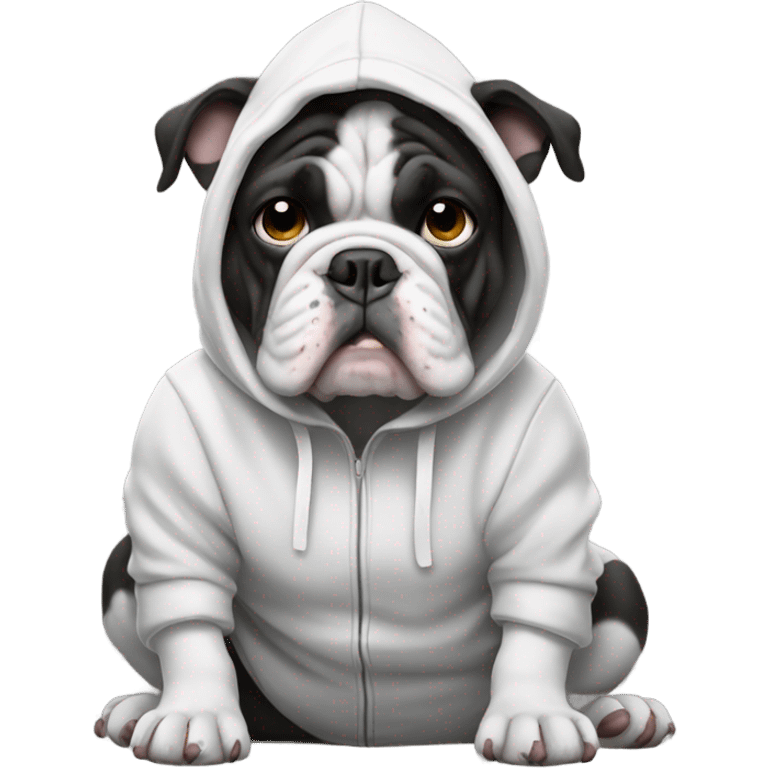 Black and white bulldog in a hoodie emoji