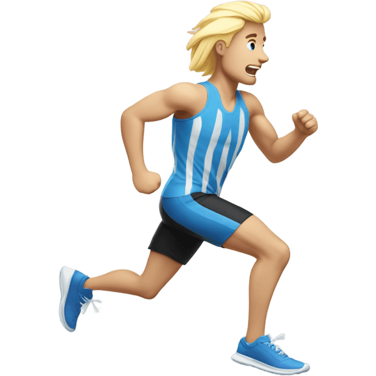 guy running on a treadmill wearing black shorts, a white-blue striped jersey, having blond hair and blue shoes emoji