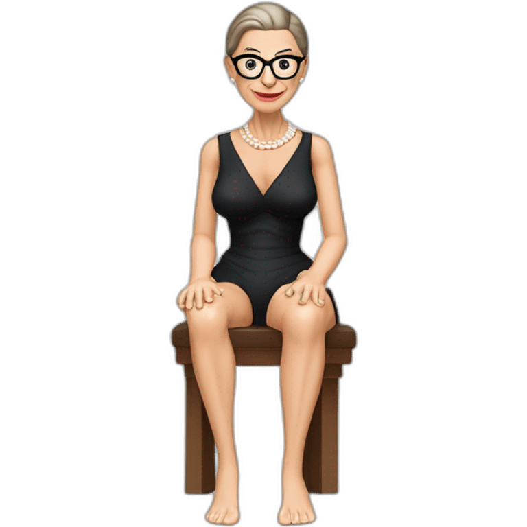 sexy ruth bader ginsburg wearing string bikini top and a skirt acting out that scene from basic instinct sitting facing forward legs apart(full body, ios17, sitting legs spread apart) emoji