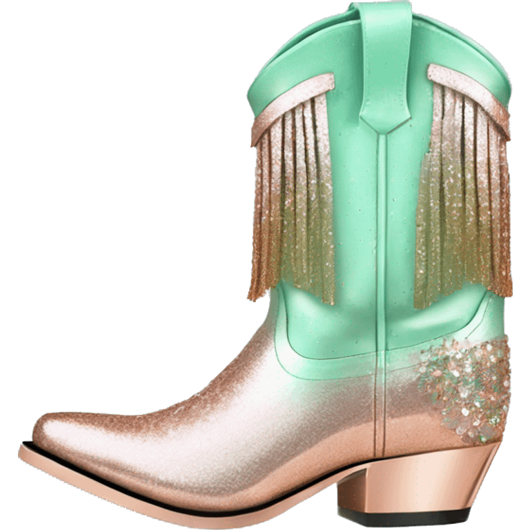 Realistic rose gold and mint green ombre pair of fashion cowgirl boots with sparkly shiny glitter fringe on them. emoji