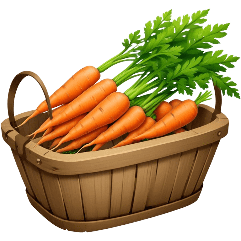 Cinematic vibrant orange carrot, crisp and fresh, slightly twisted with green leafy tops, arranged in a rustic wooden basket, natural and inviting. emoji