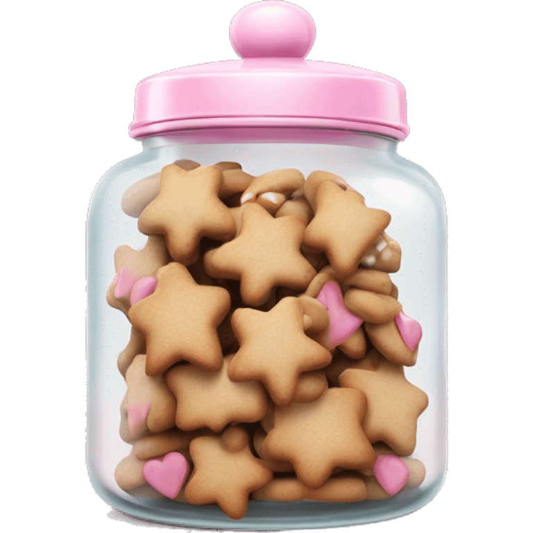 Realistic glass cookie jar with light pink lid full of gingerbread cookies isolated.  emoji