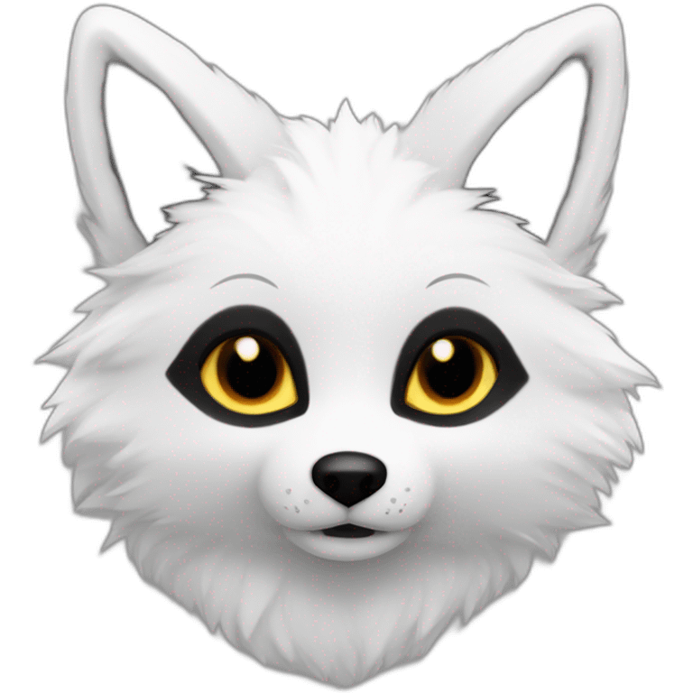 A white furry fox whit black inside ears and half bottom of ears, brown eyes and black white pupils and black arm socks fur like emoji