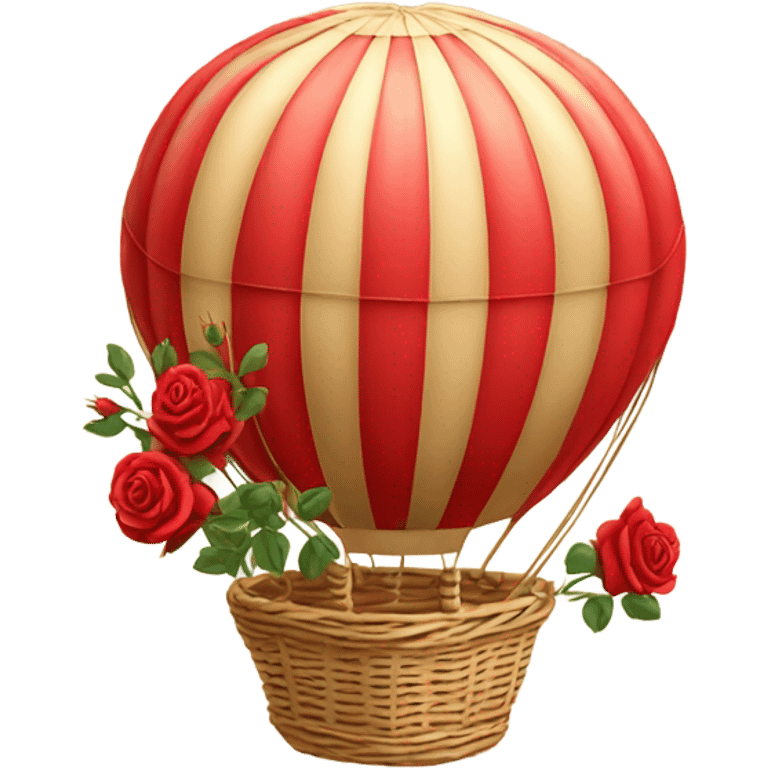 red hot air balloon and beige basket with roses emoji