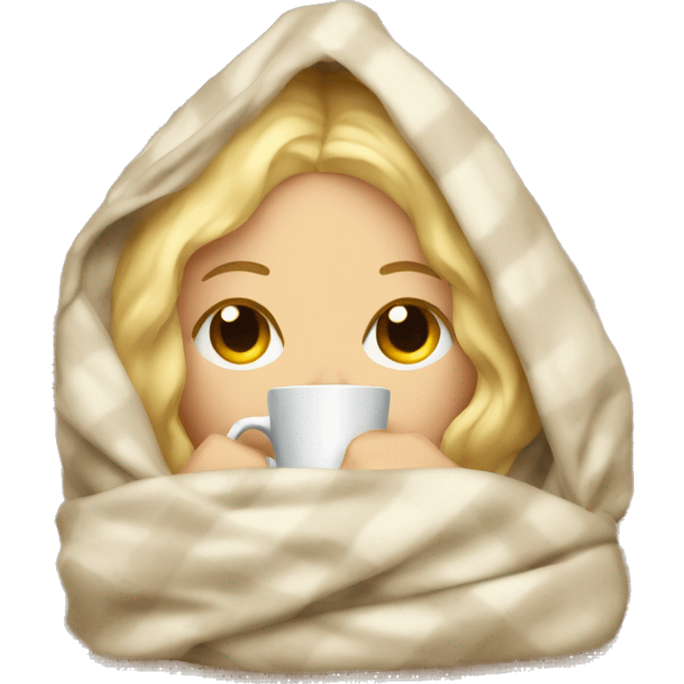 Blonde girl inside a blanket sipping coffee eyes closed emoji