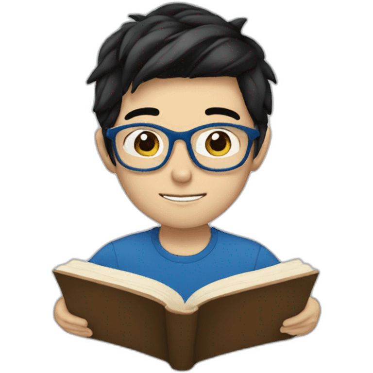 White Boy with chinese black hair wearing blue glasses reading a book emoji