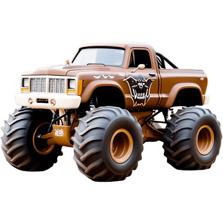 Monster Mutt - Monster Jam (Model Year: 2021) (Iconic colour: Brown with dog features) - A unique monster truck with playful, dog-inspired design cues. The vehicle is painted in warm brown tones and features subtle dog motifs (such as a stylized snout or ear shapes). It should blend the rugged power of a monster truck with quirky, endearing canine features. emoji