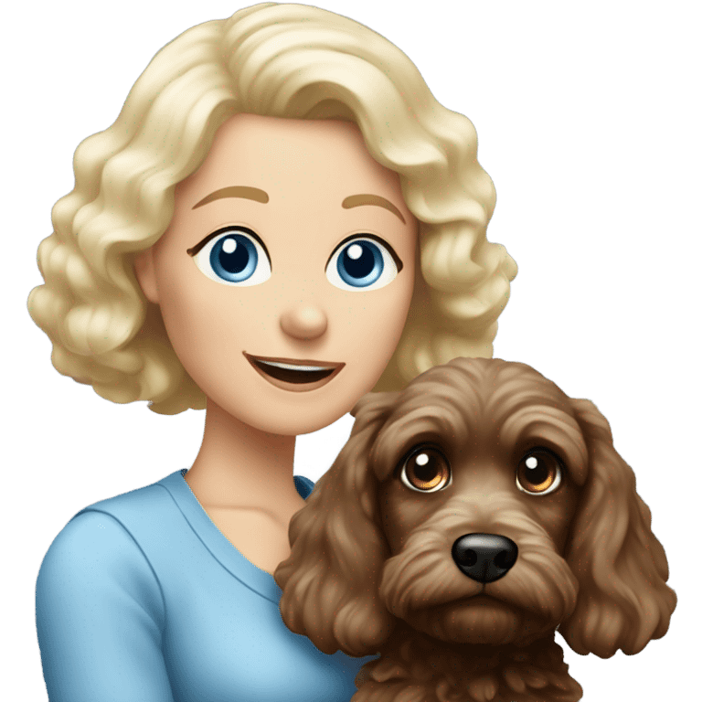 blue eyed old blonde lady with dark brown Cockapoo puppy dog emoji