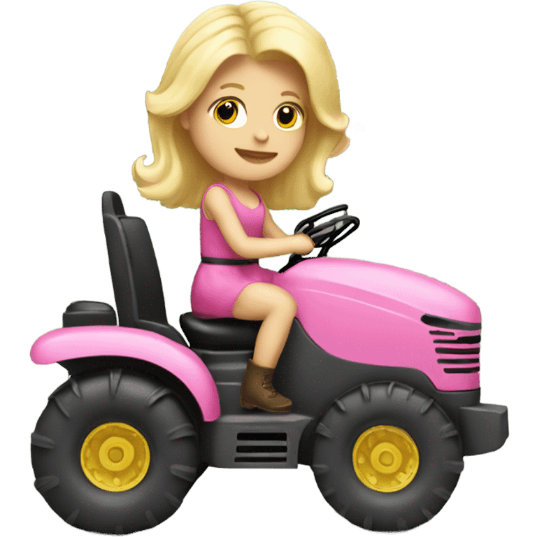 Blonde girl riding a tractor wearing a pink poofy dress and a tiara emoji