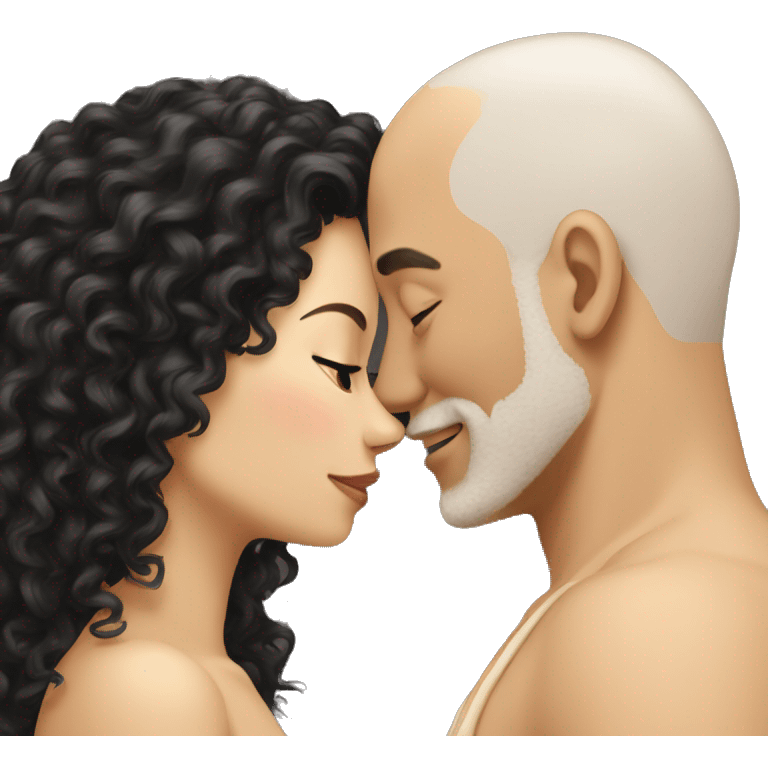 intimate moment between lovers, light bald man, long black curly hair woman emoji