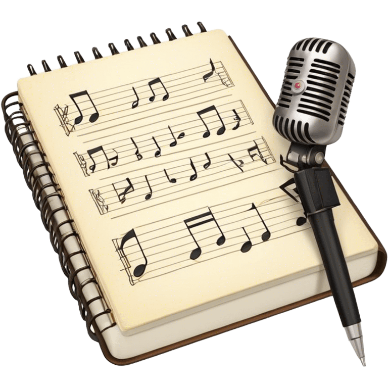 Create an emoji representing songwriting. The design should feature an open notebook or sheet music with visible lyrics between the musical notes, symbolizing the process of writing song lyrics. The text between the notes should be clearly visible. A pen or pencil should be placed near the notebook, indicating active writing. Optionally, include a single vintage microphone lying beside the notebook (not on the music notes) to add a creative touch. Use a harmonious color palette with warm and neutral tones. Do not include any emojis or smiley faces. Make the background transparent. emoji