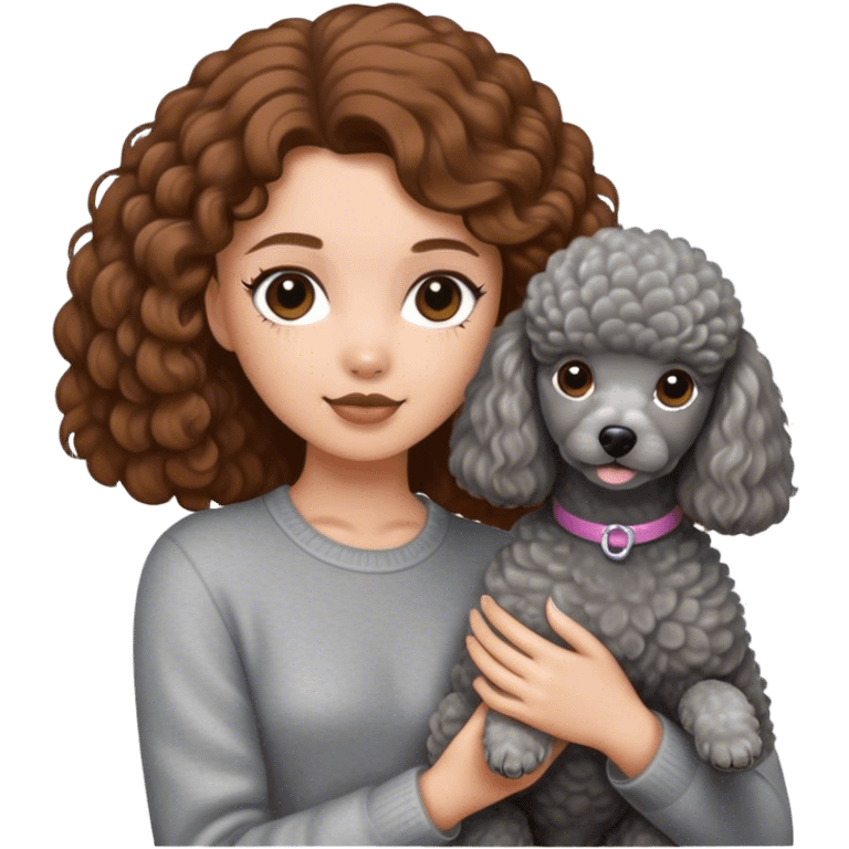 A girl with caramel brown hair holding a grey poodle emoji