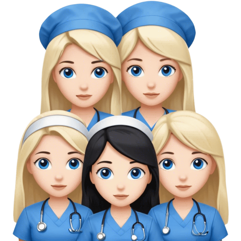 Three girl nurses, one with long brown hair blue eyes, one with long black hair brown eyes, one with short blonde hair blue eyes, all white skin color emoji