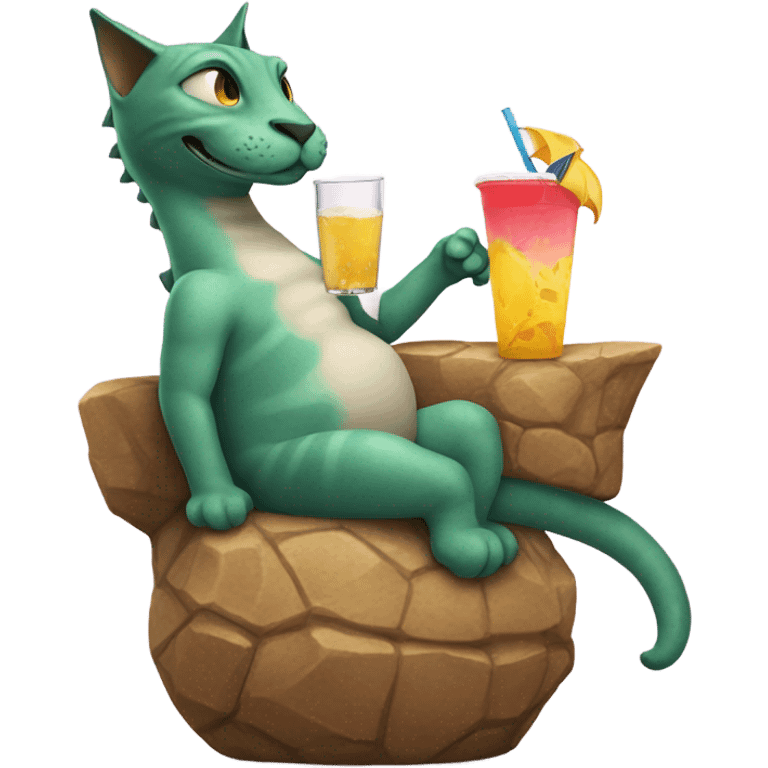 Cat sitting on dinosuar with a drink in hand emoji