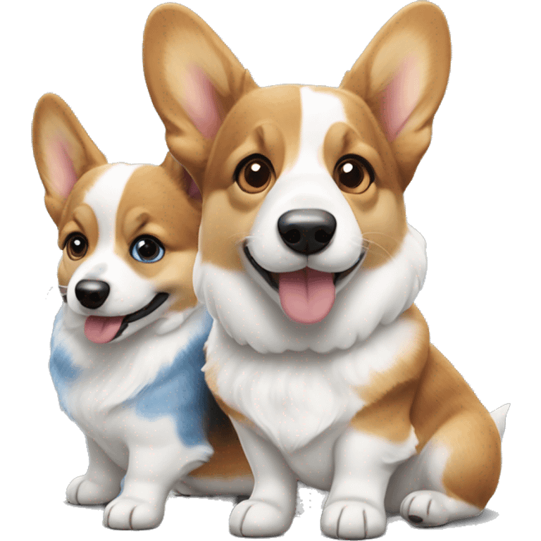 Three corgis. One is a red headed tri, one is a black headed tri, and one is a blue Merle with blue eyes emoji