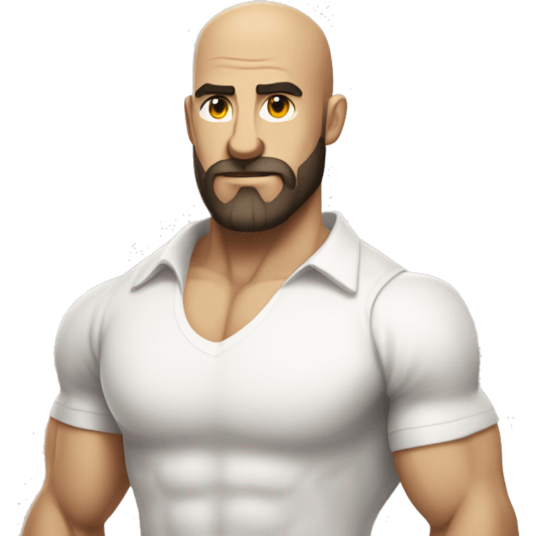 Muscular white man flexing, bald, dark beard in a white shirt emoji