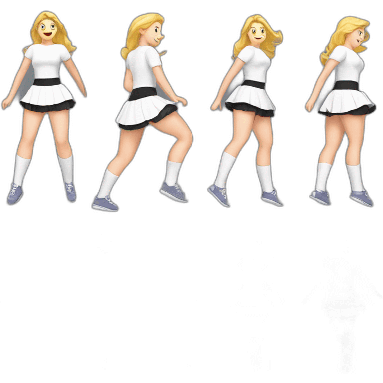 full-body-caucasian-curvy-beauty-jumping-short-black-skirt-back-and-front-views-strong-wind-white-knickers-long-white-socks emoji