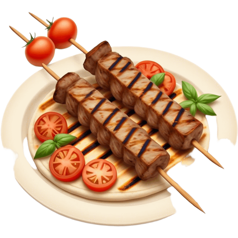 Cinematic Realistic Souvlaki Dish Emoji, showcasing skewered, grilled meat with Mediterranean spices rendered with dynamic textures and warm, appetizing lighting. emoji