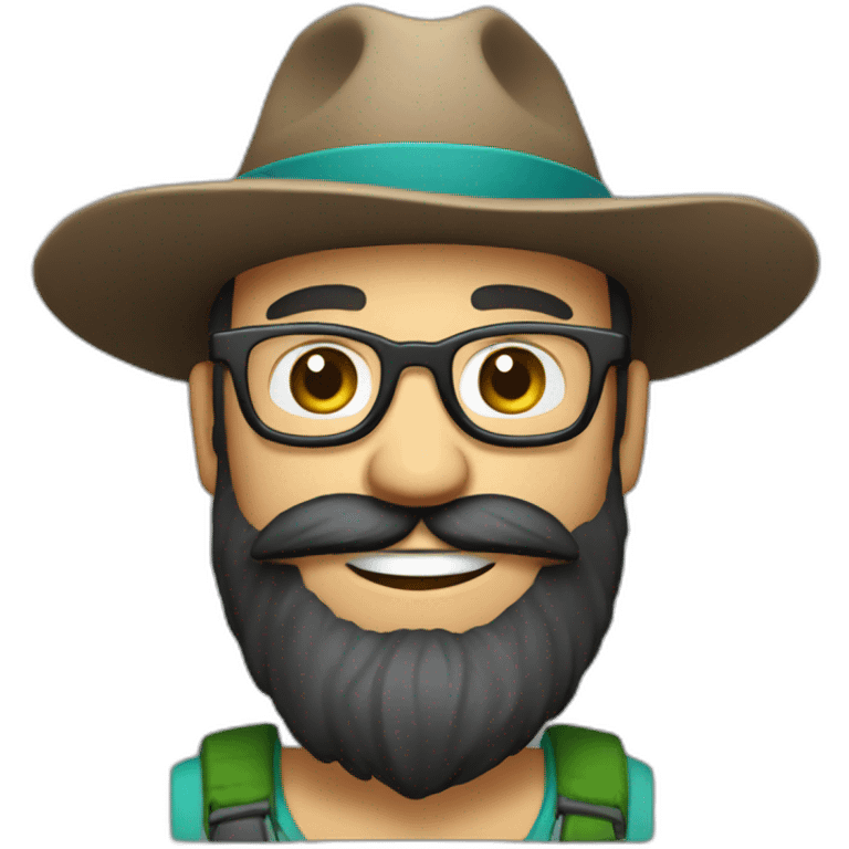 happy smile gardener face long dark beard and bald dark hair round glasses brown eyes and a hat emoji