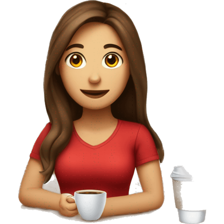 barista girl in a red t-shirt with long brown hair, with a cup of coffee in a hand emoji