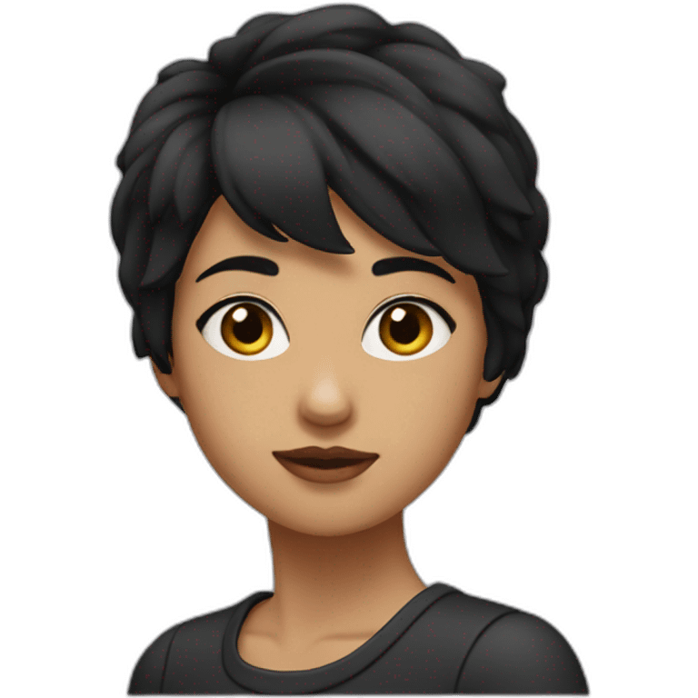 A girl with short wolfcut black hair, wearing black  emoji