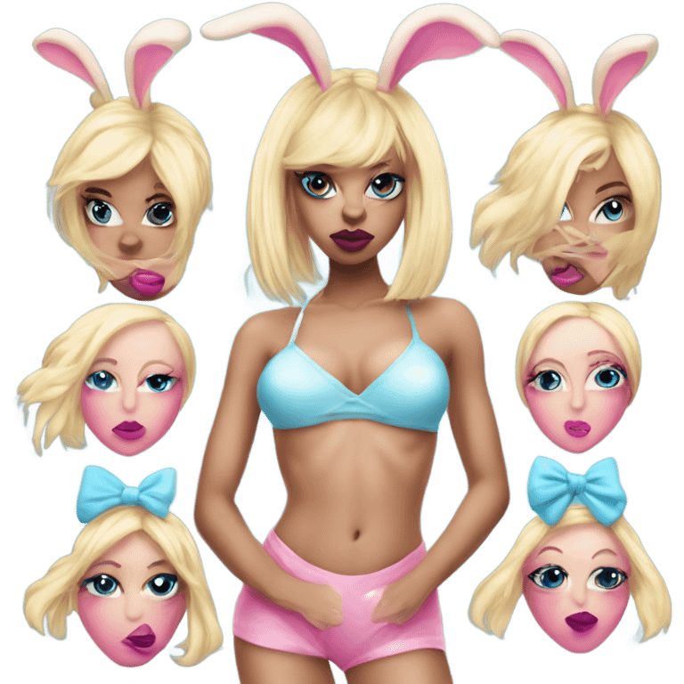  Blonde Gogo dancer ,light blue skinned face, Enid Sinclair wearing ,big floppy bunny ears pink lips  emoji