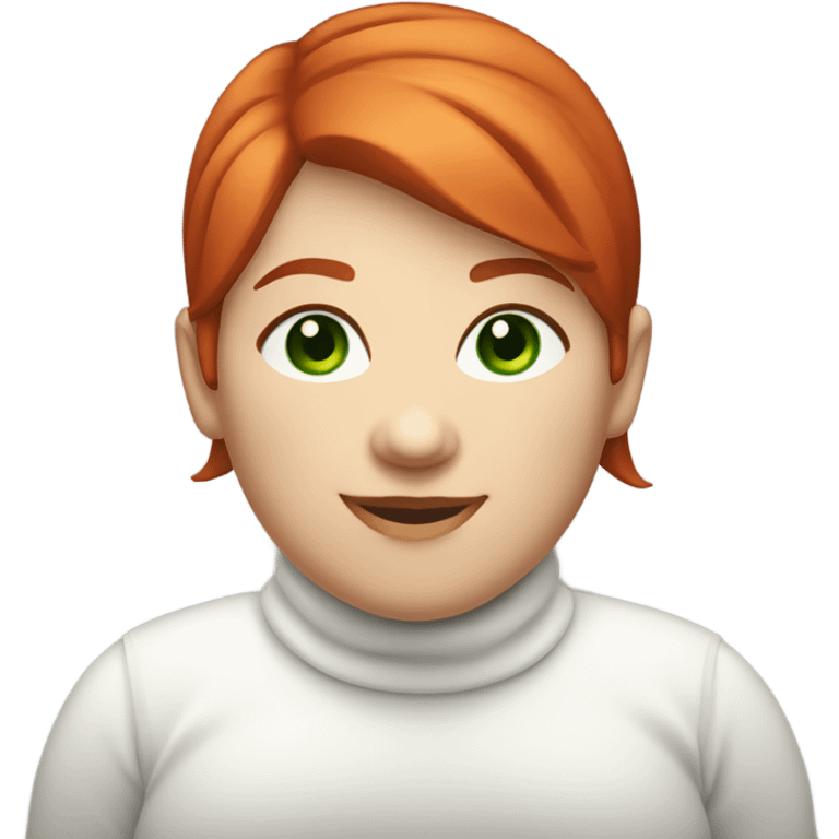 smiling red short haired chubby female with green eyes dressed in white turtleneck emoji