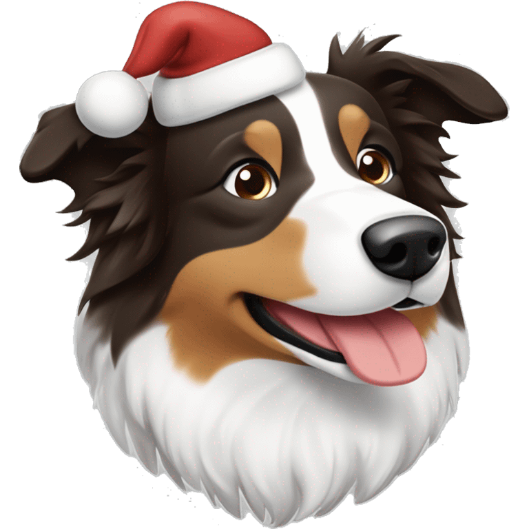 Bordercollie mit braunen und grauen stellen im weißen Gesicht. Spitze Ohren Ohren weis gesicht unterer Teil braun grau. Hat weihnachtsmütze auf  emoji