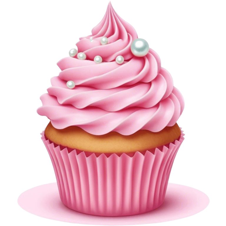 Cinematic Realistic Pink Cupcakes, fluffy pastel pink frosting swirled elegantly on top of golden cupcakes, tiny edible pearls adding a delicate touch, soft warm lighting creating a dreamy atmosphere, glowing with sweetness and charm. emoji