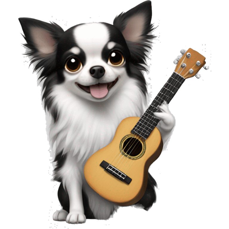 Black and white long hair chihuahua with ukulele emoji