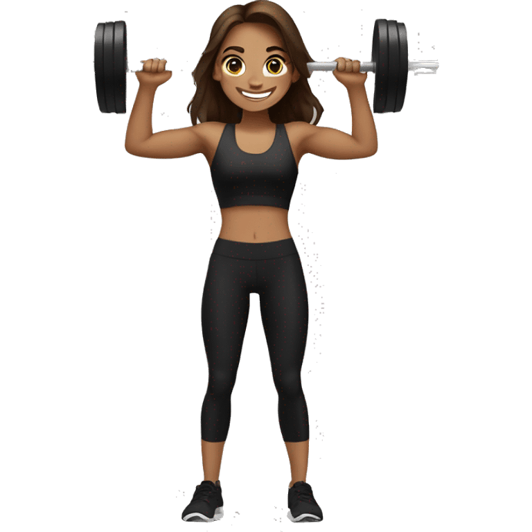 Gym girl lifting weights,brown hair brown-gen eyes, smiling wearing black gym leggings emoji