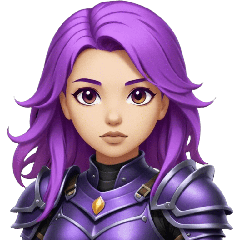 A mysterious warrior girl with flowing purple hair, dressed in black armor. emoji