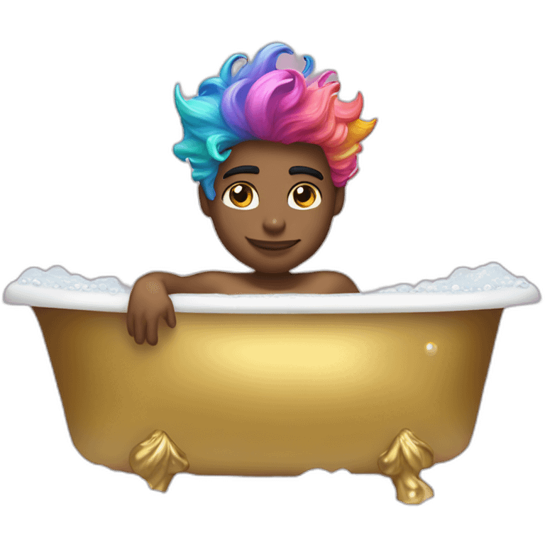 Posh-muscle-boy-with-pearl-necklace-and-rainbow-unicorn-hair-in-golden-bathtub emoji