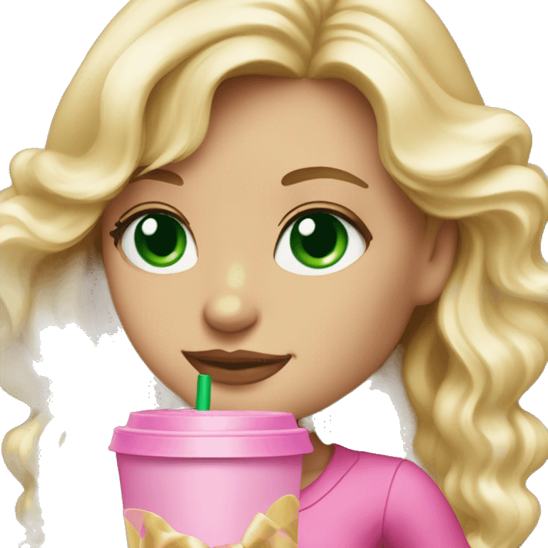 blonde with green eyes drinking pink starbucks wearing a pink bow in long wavy blonde hair emoji