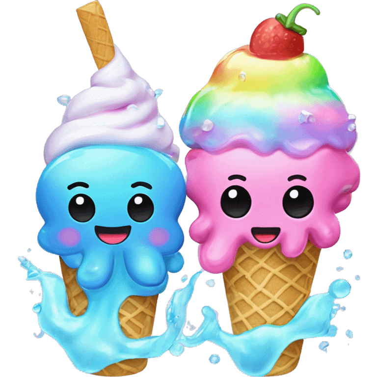 Two Kawaii pastel neon rainbow bedazzled sea creatures enjoying ice cream that looks like kawaii squids  emoji