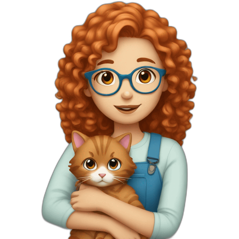 a pretty girl with curly copper hair and blue glasses hugging a cat emoji