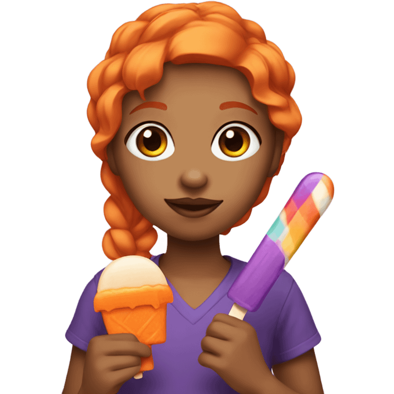 A girl with orange hair holding a purple popsicle  emoji