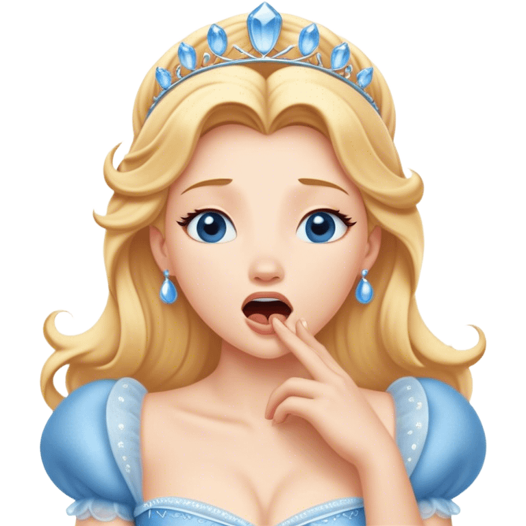 Cinematic Realistic Yawning Cinderella Portrait, showcasing lifelike porcelain skin and intricately detailed golden-blonde hair styled flawlessly as she mid-yawn reveals a moment of tender vulnerability. Her half-closed blue eyes and relaxed expression are rendered with natural, soft lighting that emphasizes the subtle textures of her face and the detailed, flowing fabric of her iconic gown. The scene glows with a cozy, authentic warmth that captures a rare, intimate moment of repose. emoji