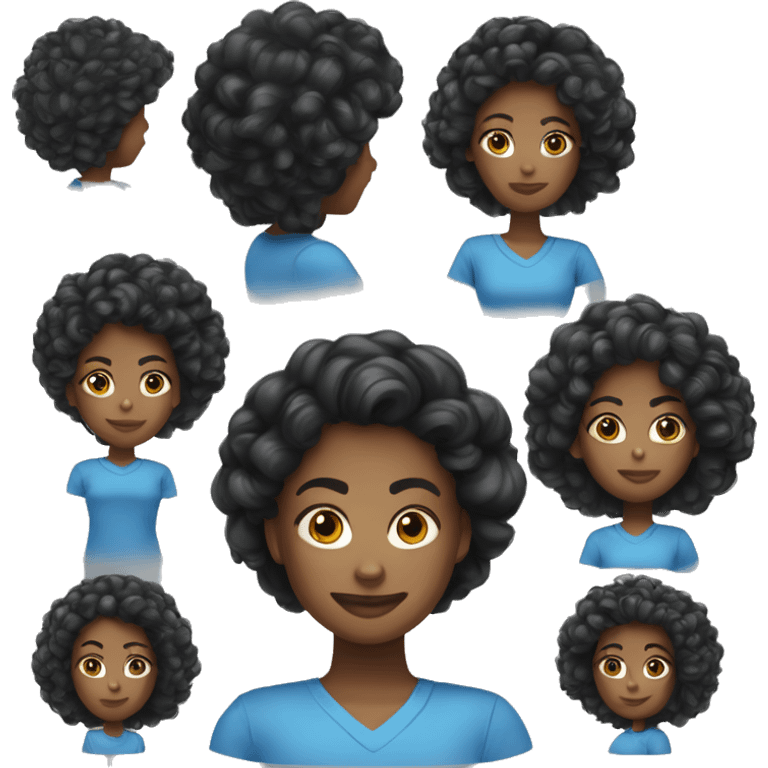 mulher cabelo preto, rosto redondo, pele branca, sorindo e de blusa azul emoji