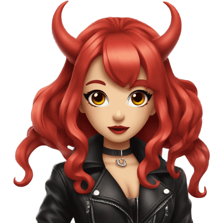 demon hime gyaru girl, red hair, devil horns, leather coat emoji