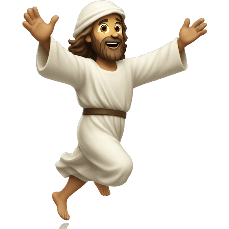 Jesus running, with a large stride and arms outstretched, santa hat emoji