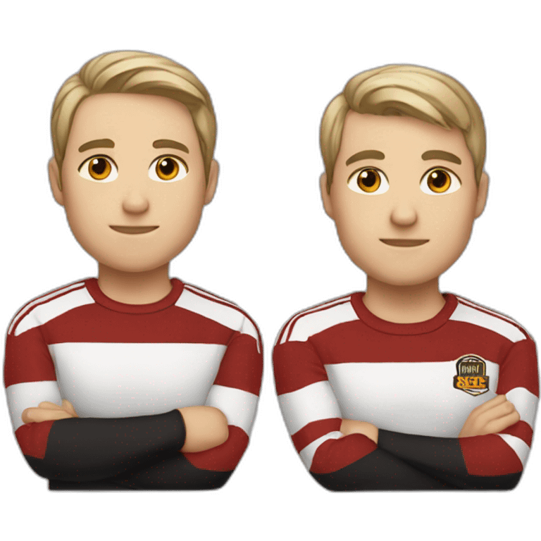 2 white brothers brown eyes and hair using black and red stripes shirts emoji