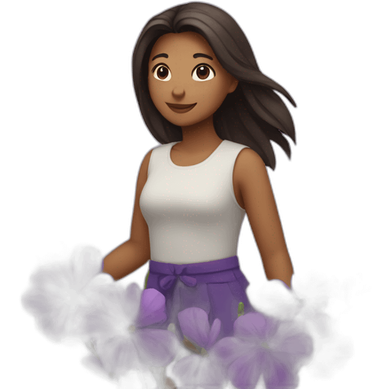 a girl circling among purple flowers emoji