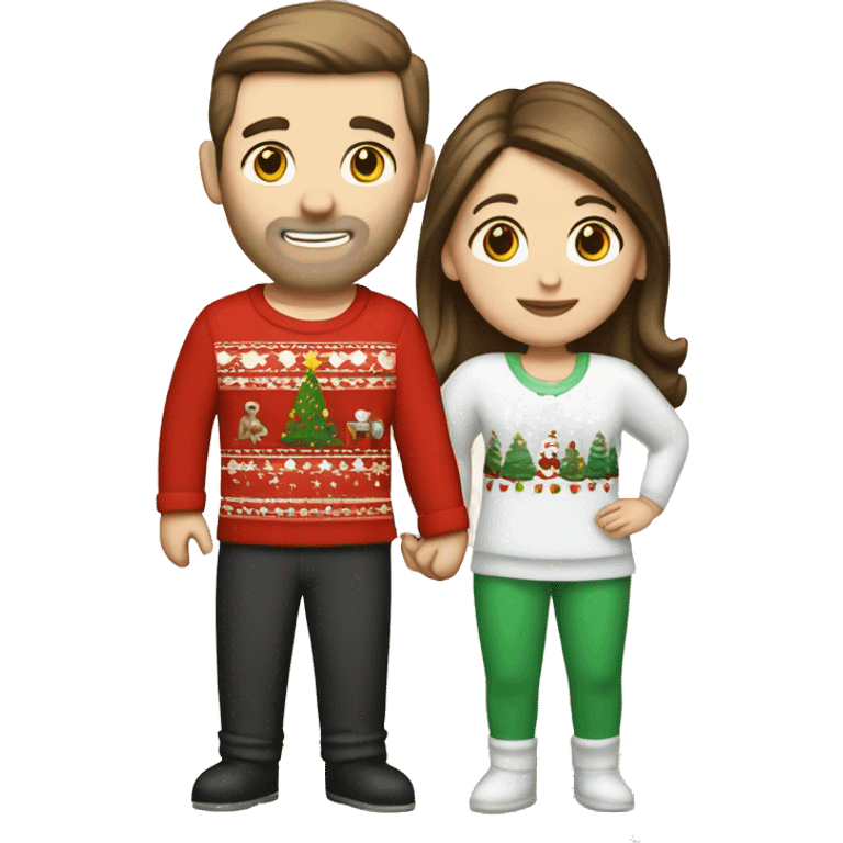 caucasian couple with brunette hair in Christmas pajamas ￼ emoji